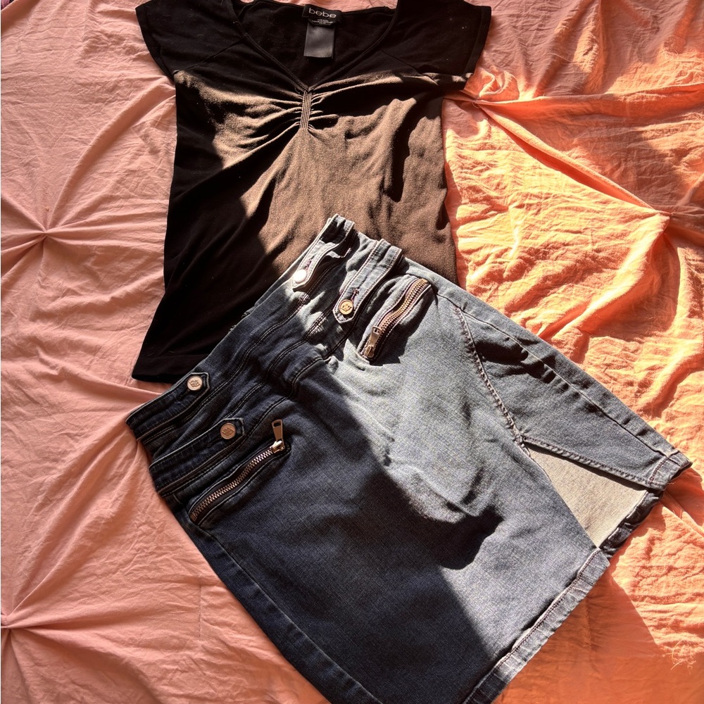 Black Top and Denim Skirt Set